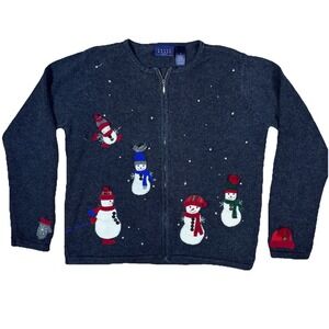 Vintage 1990s Crazy Horse Snowman Mittens Christmas Granny Teacher Cardigan Sz M